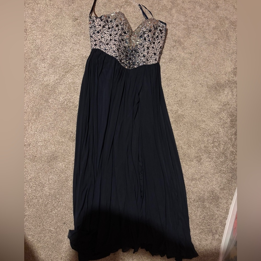 Elegant Navy Blue and Silver Evening Gown